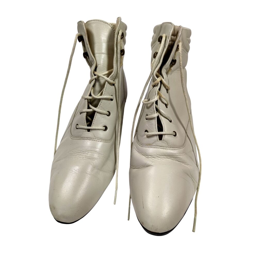 DanExx Granny Boots Cream Leather Ankle Booties Hook & Lace Up Sz 8 Vintage 80s